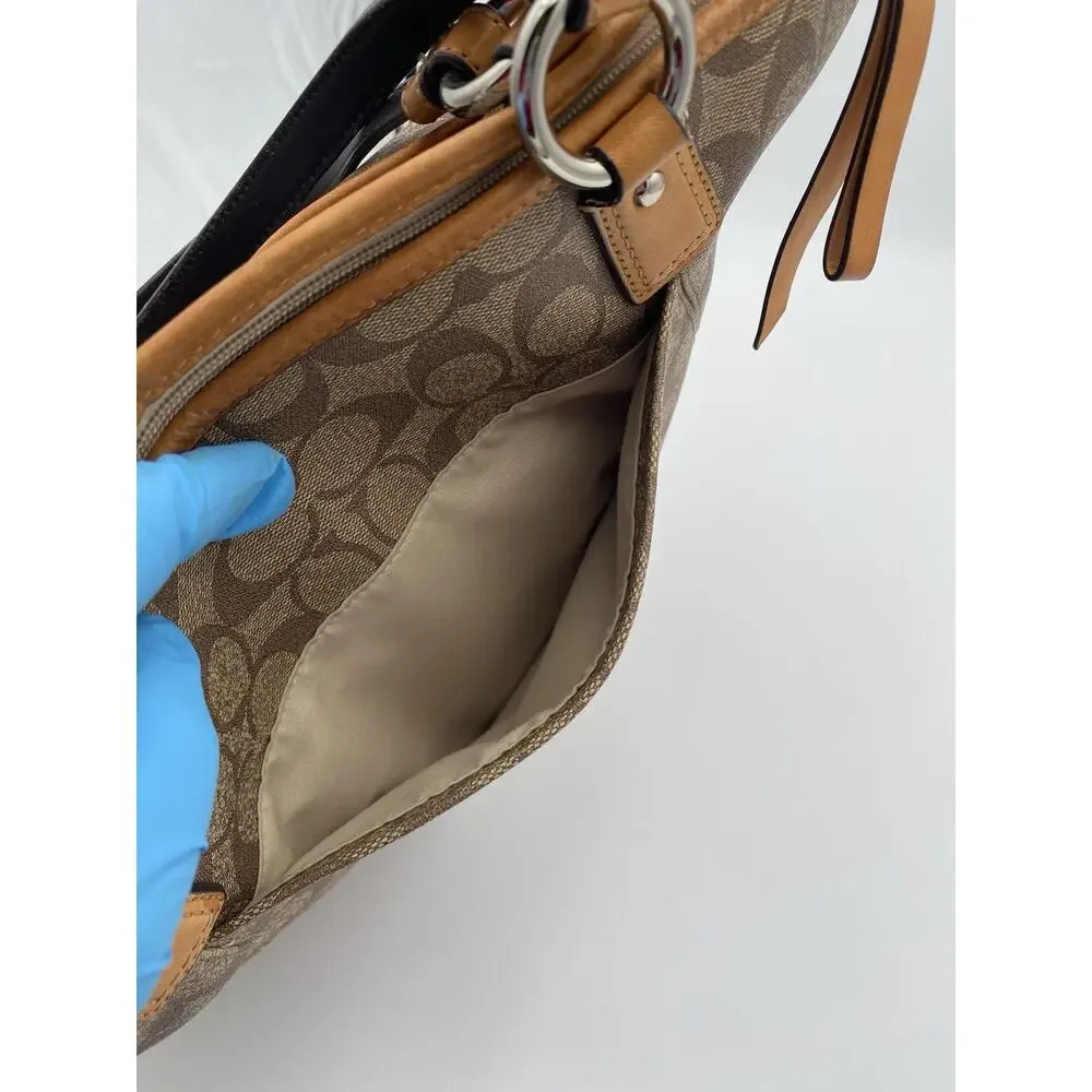 Coach Peyton Signature Pocket Tote Messenger Bag Tan Brown Crossbody Strap